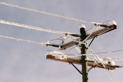 Low angle view of bird perching on cable against sky