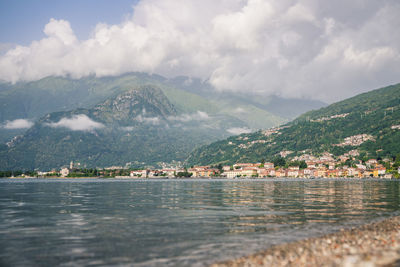 Panoramic view at gravedona with lake como / lago di como in foreground.