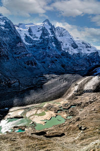 Aerial view of snowcapped mountains against sky