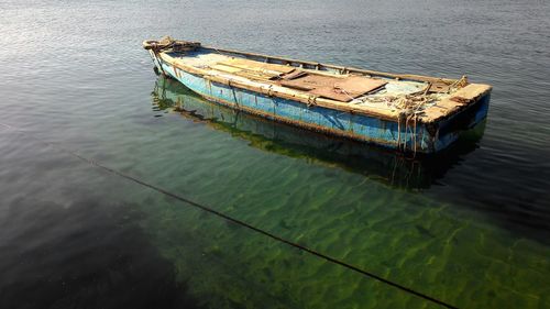 High angle view of boats moored in river