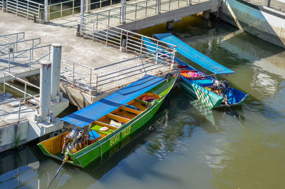 High angle view of boat moored in river