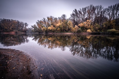 Reflection of trees in lake against sky