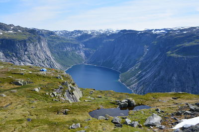 Scenic view of lake and mountains against sky