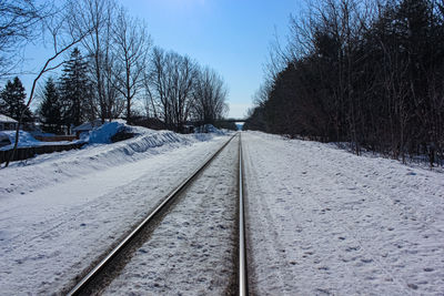 Snow covered railroad track amidst bare trees against sky