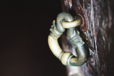 Close-up of door knocker on wooden door