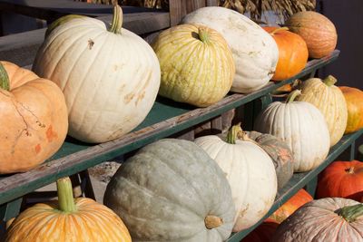 Close-up of pumpkins for sale at market stall