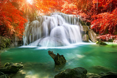 Scenic view of waterfall in forest during autumn