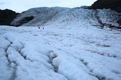 Scenic view of snow covered land against sky