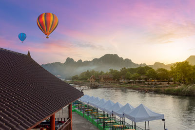 Hot air balloon against sky during sunset