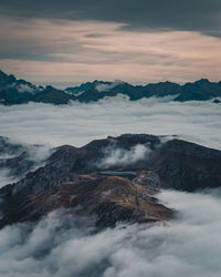 Scenic view of snowcapped mountains against sky during sunset