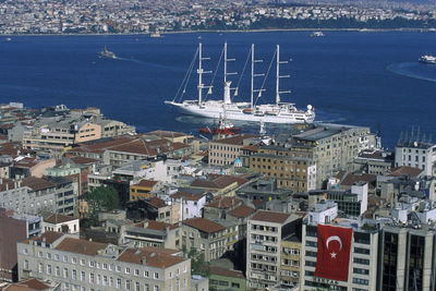 High angle view of sea by buildings in city