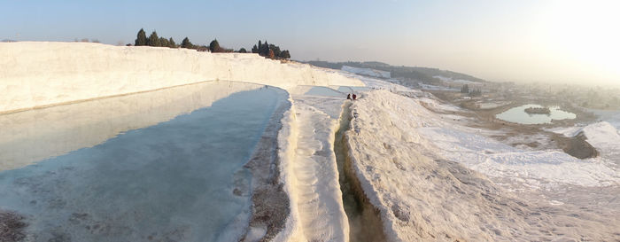 Panoramic view of snow covered mountains against sky