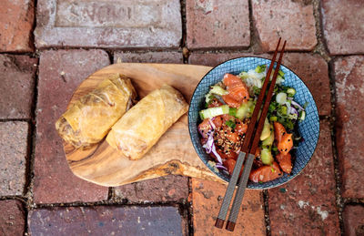 High angle view of food on cutting board