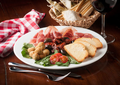 High angle view of meal served on table