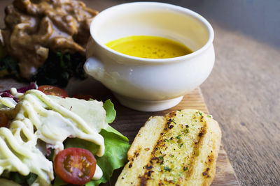 High angle view of breakfast served on table