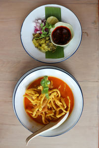 High angle view of meal served on table