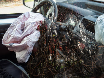 High angle view of garbage in car