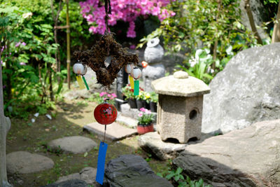 Stone carving lanterns in ornamental garden