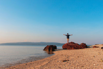 Rear view of man standing on rock at beach against sky