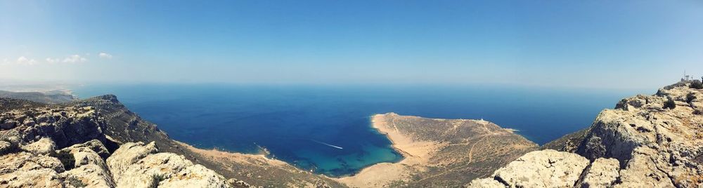 Panoramic view of sea and mountains against blue sky
