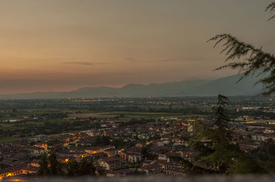 High angle view of townscape against sky during sunset