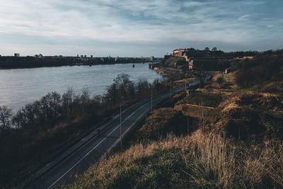 High angle view of bridge over river against sky