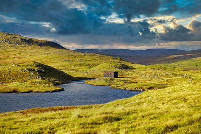 Scenic view of landscape in faroe islands against sky