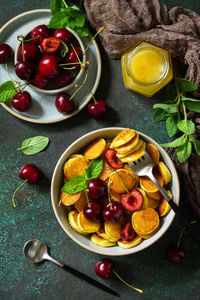 High angle view of fruits in bowl on table