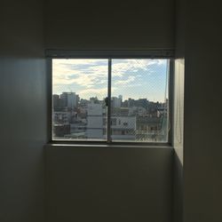 City seen through window