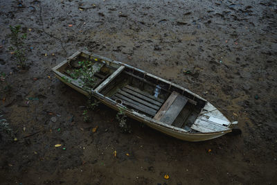 High angle view of abandoned boat on shore