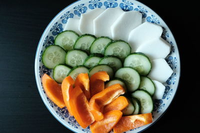 Directly above shot of chopped fruits in plate