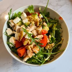 High angle view of salad in bowl on table