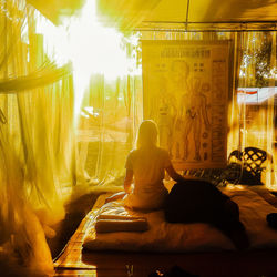 Rear view of a woman sitting on window
