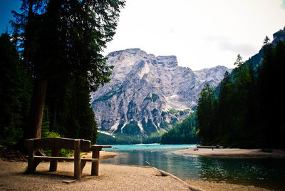 Scenic view of lake by trees against sky