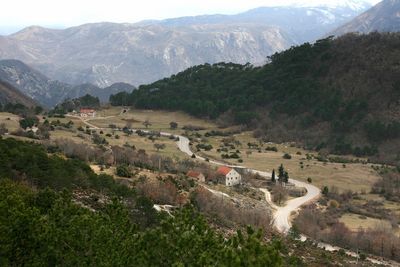 High angle view of landscape against mountains