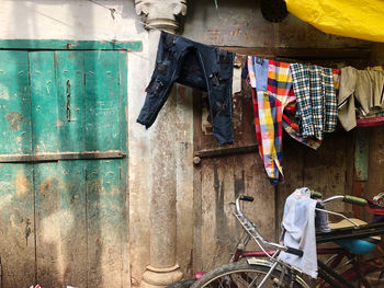 Bicycle hanging on wall