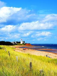Scenic view of agricultural field against sky