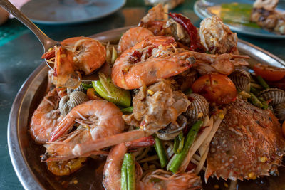 High angle view of seafood in plate on table