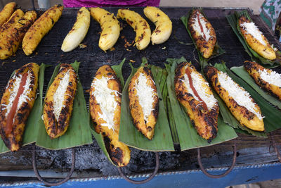 High angle view of ready to eat colombian street food on barbecue grill