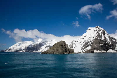 Scenic view of sea and snowcapped mountains against blue sky