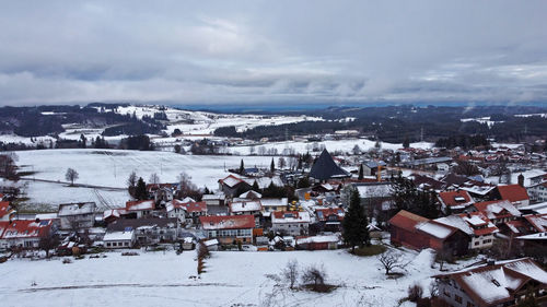 High angle view of townscape against sky during winter