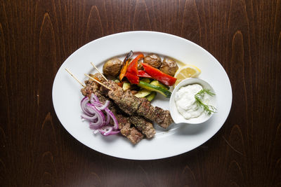 High angle view of food served on table