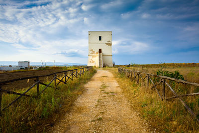 Footpath amidst buildings against sky