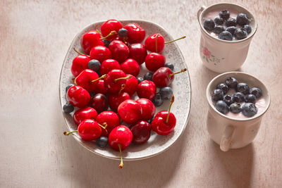 High angle view of strawberries in bowl on table