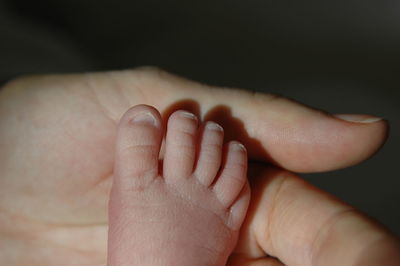 Cropped leg on son touching father hand against black background