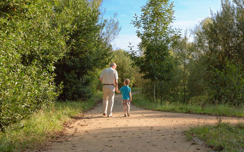 Rear view of grandfather and grandson walking at park