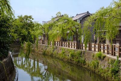 Canal amidst trees and buildings against sky