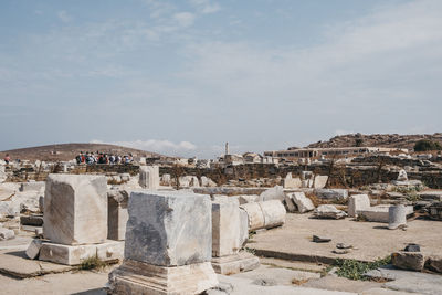 Ruins of agora on the island of delos, greece, an archaeological site near mykonos.