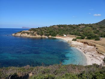 Scenic view of sea against clear blue sky