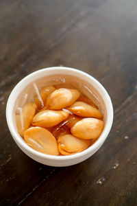 High angle view of soup in bowl on table